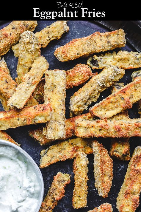 Egg Plant Fries Air Fryer, Egg Plant Side Dishes, Dinner With Eggplant, Eggplant Fries Baked, Eggplant Sides, Baked Aubergine, Baked Eggplant Fries, Egg Plants, Greek Tzatziki Sauce