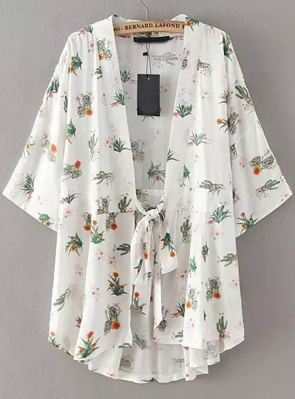 White Tie-waist Floral Loose Kimono 17.67 Kimono Outer, Loose Kimono, Kimono Outerwear, Kimono Blouse, Mode Kimono, Hipster Grunge, 2015 Summer, Fashion Tops Blouse, Womens Kimono