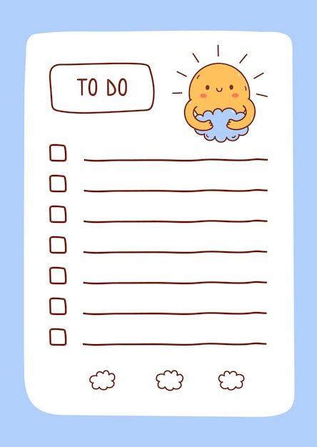 Kawaii Sun, To Do Lists Aesthetic, Cute Daily Planner, To Do List Template, Free Planner Templates, To Do Planner, Note Writing Paper, To Do Lists Printable, List Design