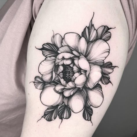 Large Peony Tattoo Design, Black Work Peony Tattoo, Dark Peony Tattoo, Neo Traditional Black And Grey, Black And Grey Flower Tattoo, Dark Flower Tattoo, Peony Flower Tattoo, Anemone Tattoo, Dark Plant