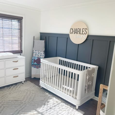 Navy Accent Nursery, Navy Wainscoting Bedroom, Board And Batten Blue Wall, Half Accent Wall Nursery, East Accent Wall Ideas, Charcoal Accent Wall Nursery, Nursery Navy Accent Wall, Blue Nursery Board And Batten, Blue Panelling Nursery