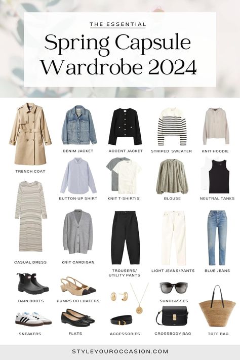 Looking for the perfect spring capsule wardrobe 2023? This timeless, classy, neutral spring capsule has spring outfits for women in their 20s, 30’s, 40s, and over 50! If you are a mom and want casual yet stylish outfits, or are looking to create chic spring outfits for work, you’ll find this capsule guide and checklist super helpful! With a polished French inspired appeal, this capsule is perfect for the spring season! Capsule Wardrobe Checklist, Capsule Wardrobe Women, Spring Summer Capsule Wardrobe, Capsule Wardrobe Outfits, Fashion Capsule Wardrobe, Spring Work Outfits, Spring Capsule, Spring Capsule Wardrobe, Summer Capsule Wardrobe