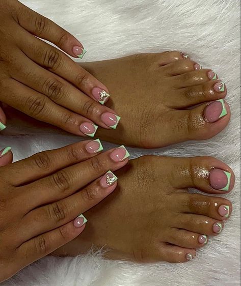 Pink And Green Pedicure Ideas, Short Nails And Toes Set, Lime Green French Tip Toes, Shorties Nails And Toes Set, Hand And Toes Nails Matching, Nail Shop Nails, Short Nails And Feet Set, Stiletto Nail Inspo Summer, Matching Nail And Feet Set