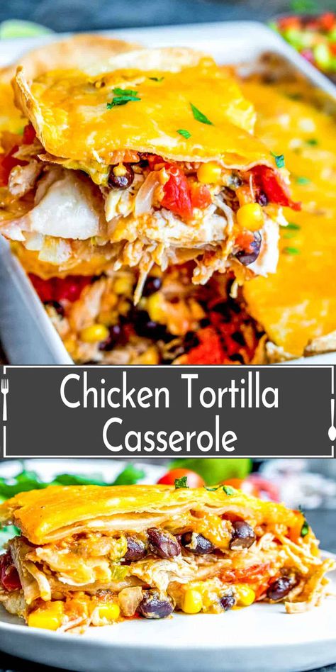 Chicken Tortilla Casserole is an easy, cheesy, Mexican dinner recipe made with layers of flour tortillas and a flavorful filling of chicken, spicy tomatoes, black beans, corn, and cheese. It is an easy weeknight casserole that makes a great dinner recipe. If you love Mexican flavors this chicken tortilla casserole is perfect for you. Chicken Tortillas Casserole, Mexican Chicken Casserole With Tortillas, Casserole With Flour Tortillas, Easy Weeknight Casseroles, Casserole Mexican, Chicken Tortilla Casserole, Corn And Cheese, Tortilla Casserole, Mexican Chicken Casserole