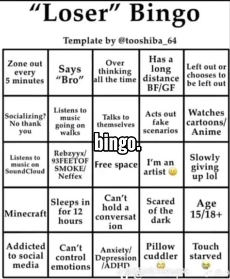 Infp Bingo, Loser Bingo, Fear Of Vulnerability, Self Template, Alignment Charts, Me Template, Bingo Funny, Kinnie Bingo, Funny Charts