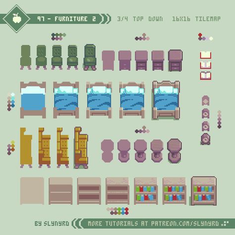 Tutorial - 97 - Furniture 2 | Slynyrd on Patreon Pixel Furniture, Pixel Art Tips, How To Pixel Art, Top Down Game, Art Cube, Kare Kare, Piskel Art, Pixel Art Tutorial, Pixel Game