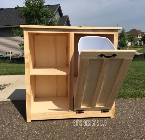 Trash Can Storage Kitchen Diy Plans, Trash Can Storage Kitchen Small Spaces, Wood Trash Can Holder, Wooden Trash Can Holder, Tilt Out Trash Can Cabinet, Tilt Out Trash Can, Wooden Trash Can, Hide Trash Cans, Wood Trash Can