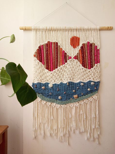 Wave & Ocean Macrame Woven Wall Hanging With Seashells, Abstract Colorful Mountain Art, Crochet Wall Hanging, Fiber Art, Coastal Home Decor Ocean Weaving, Macrame Ocean, Beachy Wall Decor, Wave Tapestry, Macrame Modern, Tapestry Macrame, Mountain Wall Mural, Waves Wall Art, Wall Macrame