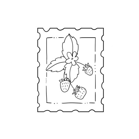 Strawberry Postage Stamp, Strawberry Stamp Tattoo, Cottagecore Coloring Pages, Strawberry Stamp, Stamp Drawing, Strawberry Drawing, Strawberry Tattoo, Stamp Tattoo, White Strawberry