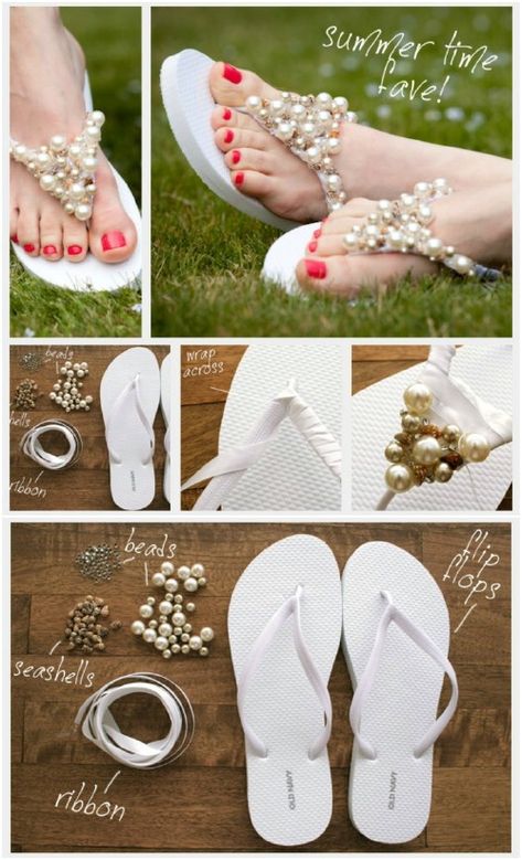 Easy DIY Beaded Flip Flops Pretty Flip Flops, Bridal Flip Flops, Beaded Flip Flops, Decorating Flip Flops, Beach Wedding Sandals, Wedding Flip Flops, Diy Sandals, Diy Slippers, White Flip Flops