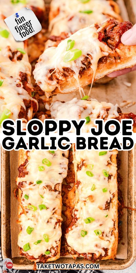 Sloppy Joe Garlic Bread is a fun way to serve sloppy joes to the kids, make a filling after school snack, or a delicious party appetizer that's perfect for those chilly tailgating parties. French Breads, Bread Quick, Garlic Bread Recipe, Sloppy Joe, Sloppy Joes, Ultimate Comfort Food, French Bread, Weeknight Dinners, Ground Beef Recipes