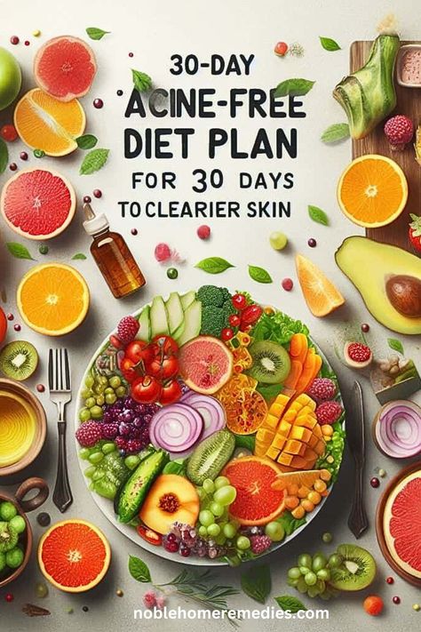 A 30-day acne-free diet plan to achieve clearer, healthier skin. Discover skin-loving foods and a holistic approach to skincare for a radiant complexion. Low Glycemic Diet For Acne, Healthy Acne Free Diet, Meal Plan For Clear Skin, Healthy Skin Diet Acne, Diet For Pimple Free Skin, Foods To Avoid For Acne Clear Skin, Best Diet For Acne Prone Skin, Skin Care Diet Plan, Anti Acne Recipes