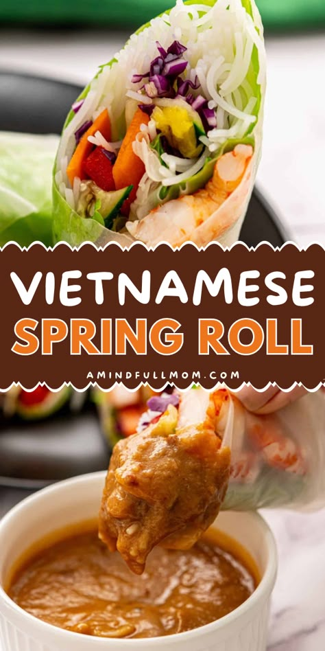 Add these Vietnamese Spring Rolls to your easy party food ideas! These homemade spring rolls are made with shrimp, fresh vegetables, sweet mangoes, and homemade peanut sauce. It also makes a great 4th of July appetizer recipe! Cold Spring Roll Recipe, Spring Rolls With Peanut Sauce Easy, Spring Roll Recipe Vietnamese, Easy Vietnamese Spring Rolls, Spring Rolls Ideas, Vietnamese Summer Rolls Recipe, Spring Rolls Fresh, Vegetable Spring Rolls With Peanut Sauce, Vietnamese Peanut Sauce For Spring Rolls