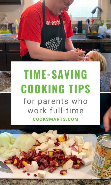 How to Make Time for Cooking with a Full-time Job and Kids | If you’re feeling the strain of trying to prepare healthy home-cooked meals while working full-time and raising a family, check out this interview with Cook Smarts community member, Andrew. He’s sharing his favorite cooking tips, techniques, and tools that helped him get into a routine for cooking healthy dinners while balancing work and home life. | CookSmarts.com Cooking Healthy Dinner, Efficient Kitchen, Organized Kitchen, Food Infographic, Cooking Healthy, Cook Smarts, Homecooked Meals, Cooking Lessons, Cooking Basics