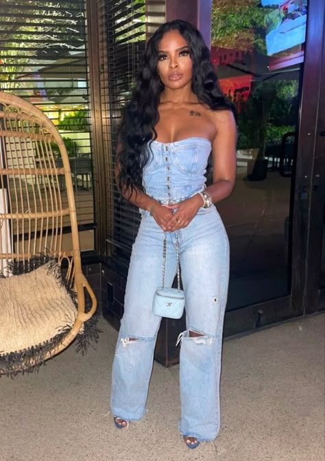 Jean Corset Top Outfit Black Women, Black Women Bday Outfits, 22nd Birthday Outfits For Women, Demin Romper Outfit Jumpsuits, Off White Tank Top Outfit, Heels With Baggy Jeans Night Out, Sports Game Date Night Outfit, August Concert Outfit, All Blue Jean Outfits For Black Women