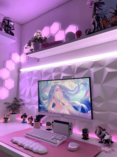 Gaming setup Games Room Inspiration, Gaming Setup Ideas, Game Setup, Dream Setup, Pink Games, Gamer Setup, Setup Gamer, Video Game Room Design, Room Vibes