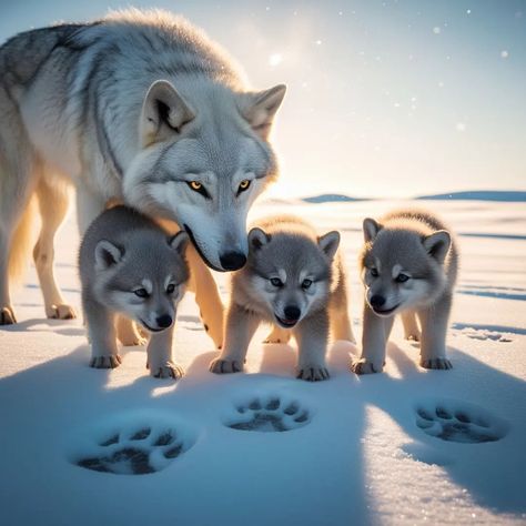 Ultra-high definition, 8K, cinematic iPhone photograph of an arctic wolf mother, with a thick, snow-white coat and piercing yellow eyes, tenderly plays with her three adorable cubs #wolf #wolfmother #Cubs #photooftheday #photography #naturephotography Wolf Cubs, Wolf Photography, Arctic Wolf, Wolf Pictures, Yellow Eyes, White Coat, Nature Animals, Wolves, High Definition