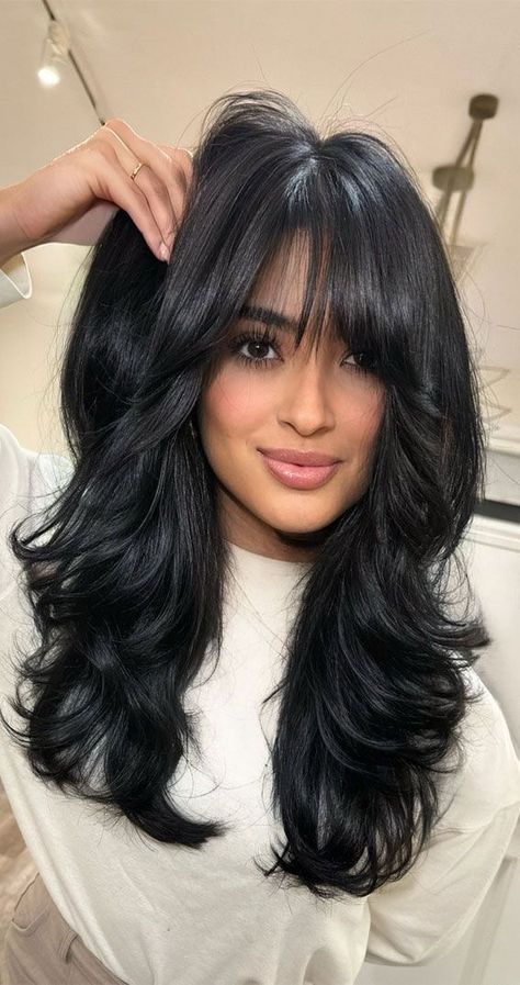 Long Haircut Styles With Bangs, Long Black Hair With Layers, Brunette Shades, Timeless Hair, Layered Hair With Bangs, Haircuts For Long Hair With Layers, Butterfly Cut, Rich Brunette, Layered Haircuts For Medium Hair