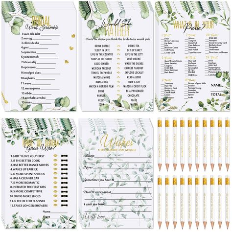 220 Pieces Bridal Shower Game Set Greenery Wedding Games Cards Eucalyptus Theme Bridal Game Supplies and Pencils Activity Accessories for Bride Groom Bachelorette Party Wedding Shower Party Favor : Amazon.co.uk: Home & Kitchen Funny Wedding Games, Gold Bridal Shower Decorations, Bridal Shower Games Funny, Accessories For Bride, Wedding Party Games, Rose Gold Bridal Shower, Bridal Games, Bride Shower, Wedding Shower Games