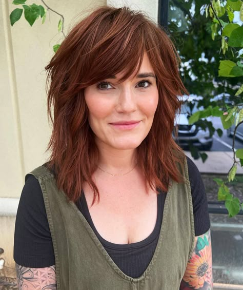 Image 1 of 1 Shoulder Shag Haircut, Modern Shag Haircuts Shoulder Length, Shag Haircut Medium, Layered Cut With Bangs, Trendy Shoulder Length Haircuts, Shoulder Length Haircuts For Women, Auburn Hair With Highlights, Layers With Bangs, Shoulder Length Haircut