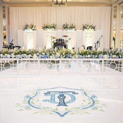 monogrammed wedding dance floor with watercolor monogram crest design Stage Facade, Monogram Dance Floor, Dance Floor Ideas, Dance Floor Wrap, Coastal Wedding Decor, Dream Wedding Aesthetic, Night Watercolor, Wedding Dance Floor, Bar Dance