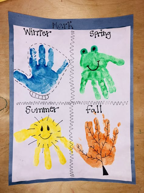 Season handprint craft Arts And Crafts For Preschoolers, Hand Print Art, Preschool Weather, Weather Crafts, K Crafts, Toddler Art Projects, Crafts For Preschoolers, Toddler Arts And Crafts, Daycare Activities