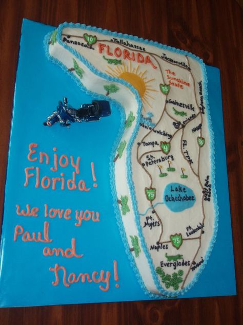 florida cake - Google Search Florida Cake Ideas, Moving To Florida Party, Florida Themed Party, Moving Party Ideas, Disney Party Theme, Bon Voyage Cake, Piping Ideas, World Cakes, Florida Party