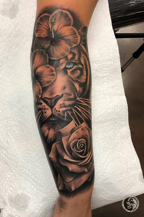 Tiger And Rose Tattoo For Women, Tiger Tattoo With Roses, Mens Flower Sleeve Tattoo Ideas, Tiger Roses Tattoo, Sleeve Tattoos For Women 2023, Men Tiger Tattoo Ideas, Tiger And Flower Tattoo Half Sleeves, Tiger Rose Tattoo Men, Half Sleeve Tattoos For Women Upper Arm Tiger