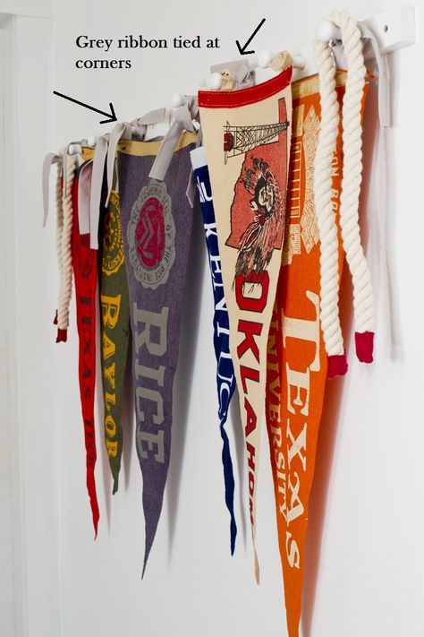 Use Vintage Pendants to make a Valance from @Thistlewood Farm Vintage Pennants, College Pennants, Sport Bedroom, Thistlewood Farms, Sports Flags, Big Boy Bedrooms, Painted Cottage, Sports Room, Pennant Flag