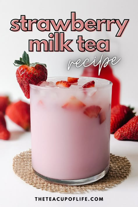 This gorgeous light pink Strawberry Milk Tea is ready in minutes using real strawberries and no special tools. Sweet, juicy and milky, almost like strawberries and cream! If desired, add tapioca pearls to this recipe to make strawberry bubble tea. Strawberry Milk Boba Tea, Strawberry Milk Cocktail, Strawberry Milk Recipes, Spring Tea Recipes, Tea Lattes Recipes, How To Make Strawberry Milk Tea, Strawberry Cream Drink, Drinks To Make With Strawberries, Tea And Milk Recipes