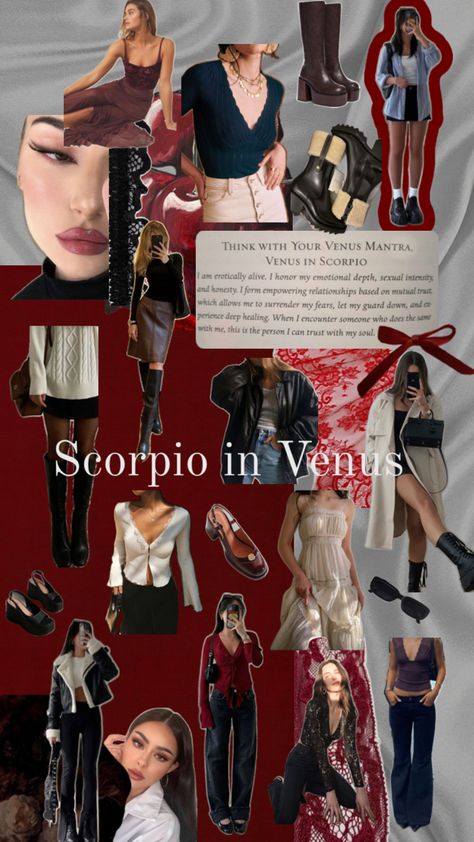 Venus in Scorpio style vision board. Elegant, classy, sensual Style Vision Board, Scorpion Fashion, Venus In Scorpio, Scorpio Style, Demure Outfit, Scorpio Fashion, Venus In Libra, Class Outfits, Scorpio Girl