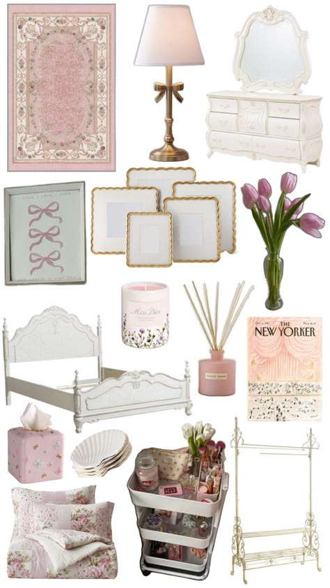 Preppy Bedroom Inspo Aesthetic, Beige Room Inspiration, Malibu Barbie Room Aesthetic, Blue White Pink Bedroom, Rom Com Bedroom, Pink Get Ready Room, Girly Bedrooms For Women, Pink French Room, Cocette Room Decor