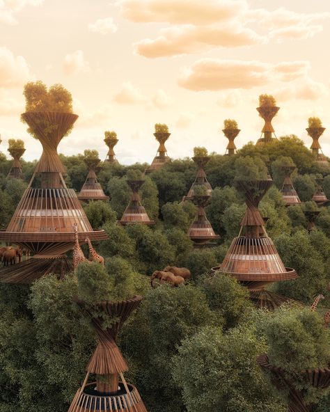 Gallery of A Luxury Safari Resort in Africa and an Eco-Lodge in Rural Greece: 8 Unbuilt Resorts Submitted by the ArchDaily Community - 27 Resort Concept, Safari Resort, Water Technology, Water From Air, Architecture Cool, Solar Punk, Bamboo Architecture, Eco Resort, African Architecture