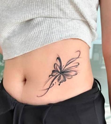 Hip Butterfly Tattoo, Waist Tattoos For Women, Feather Tattoo Black, Personality Aesthetic, Purple Butterfly Tattoo, Tummy Tattoo, Tatts Ideas, Cover Up Tattoos For Women, Our Mindful Life