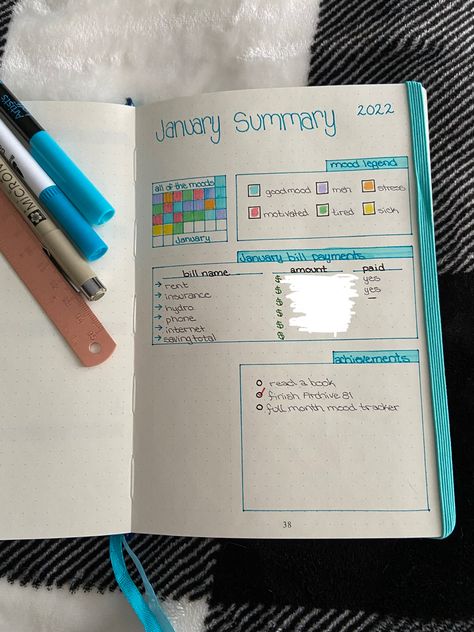 An example of January’s end of the month summary to show all my bills and amounts, plus my mood tracker for the month and any goals End Of Month Journal, Month Journal, End Of Month, Month End, Mood Tracker, My Mood, Self Improvement, Books To Read