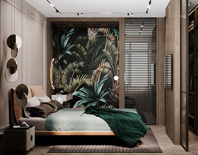 Check out new work on my @Behance profile: "Modern Badroom with a tropical leaves wall" http://be.net/gallery/99578989/Modern-Badroom-with-a-tropical-leaves-wall Tropical Wallpaper Bedroom, Modern Tropical Bedroom, Bedroom Tv Unit Design, Beauty Room Ideas, Tropical Hotel, Tropical Bedroom, Bedroom Tv Wall, Modern Classic Interior, Interior Design Graphic