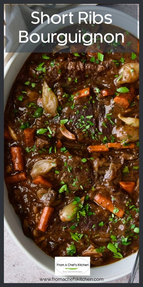 Here's how to do this classic French country beef dish with short ribs! Short Ribs Bourguignon is slow-cooked in red wine along with bacon, onions, carrots, mushrooms and herbs for a deep, rich flavor that complements the beef perfectly. Cider Braised Short Ribs With Caramelized Onions, Recipes Using Beef Short Ribs, Beef Short Rib Vegetable Soup, Short Rib Bourguignon, Short Ribs Bone In, Beef Short Rib Recipes Dutch Oven, Beef Borgenion, Stove Top Short Ribs, Country Style Short Ribs