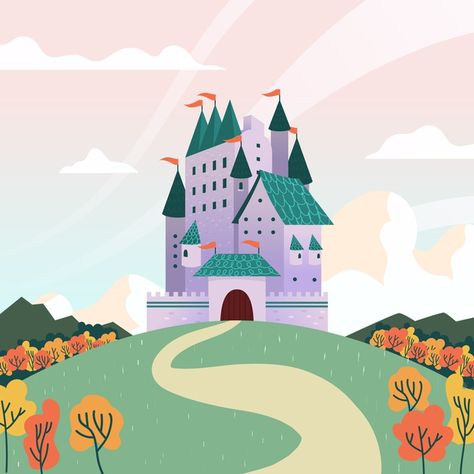 Discover thousands of free-copyright vectors on Freepik Castle Vector Illustration, Princess Castle Illustration, Castle Illustration Fairytale, Reading A Book Illustration, Castle Concept, Fairytale Cartoon, Adobe Illustrator Ideas, Castle Mural, Castle Cartoon