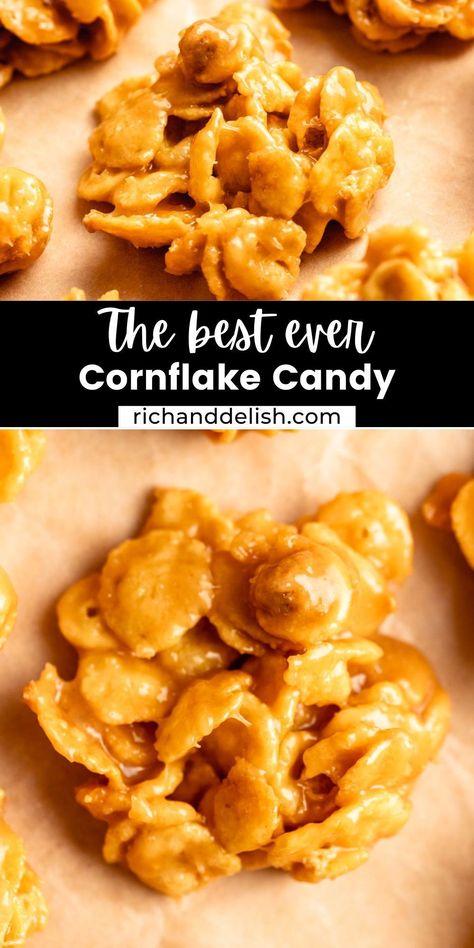 Healthy Corn Flake Treats, Corn Checks Treats, Cornflake Candy Recipe, Peanut Butter Cornflake Clusters, Cornflake Chews, Cornflake Dessert Recipes, Cornflake Brittle, Cornflake Balls, Corn Flakes Treats