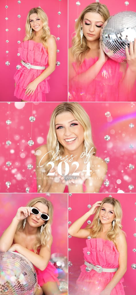 Warsaw Senior Photographer Senior Pictures Disco Ball, Photo Shoot Party Ideas, Senior Pictures Bright Colors, Hot Pink Senior Pictures, In Studio Photoshoot Ideas Senior Pictures, Barbie Graduation Photoshoot, Barbie Senior Pictures, Confetti Senior Pictures, Pink Disco Photoshoot