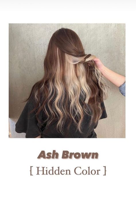 Peek A Boo Hair Natural, Peekaboo Hair Color Brunettes Blondes, Summer Peekaboo Hair, Layered Hair With Color, Split Dye Under Hair, Brown Hair With Underlights, Ash Brown Peekaboo, Light Brown Underneath Hair, Light Brown And White Hair