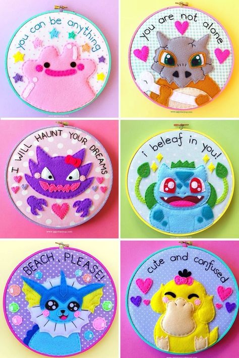 Kawaii Embroidery Patterns, Nintendo Embroidery, Geek Embroidery, Embroidery Pokemon, Felt Pokemon, Embroidery Kawaii, Pokémon Crafts, Pokemon Embroidery, Kawaii Embroidery