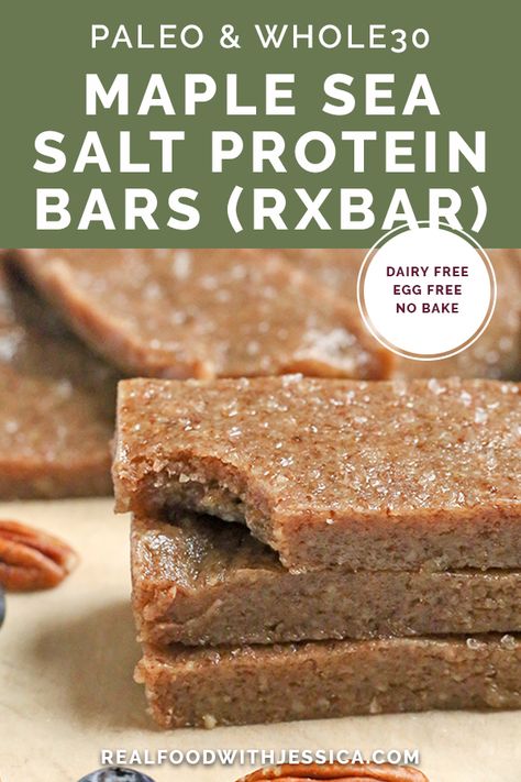 These Paleo Maple Sea Salt Protein Bars are a copycat version of the popular RXBAR. They are made with just a few simple, real ingredients. Gluten free, egg free, dairy free, and so easy to make! Maple Protein Bar, Whole Food Protein Bars, Grain Free Protein Bar, Copycat Rx Bar Recipe, Collagen Bars Recipe, Whole 30 Protein Bar, Copycat Rx Bars, Rxbar Recipe Copycat, Diy Rx Bars