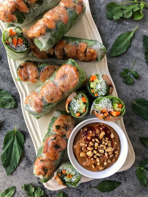 SUMMER ROLLS — SPOON & SWALLOW Shrimp And Noodles, Spring Roll Recipes, Healthy Spring Rolls, Shrimp Summer Rolls, Housewife Recipes, Vietnamese Rice Paper, Summer Rolls Recipe, Vietnamese Summer Rolls, Vietnamese Rice