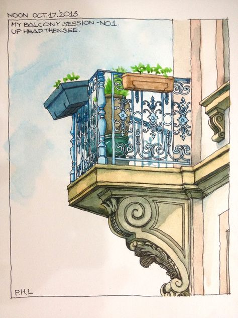 #archlinh #urbansketching #balconies #watercolors Balcony Art Drawing, Balcony Sketch Drawing, Balcony Drawing Reference, Balcony Tattoo, Balcony Watercolor, Garden Ideas Drawing, Balcony Sketch, Balcony Drawing, Balcony Garden Ideas