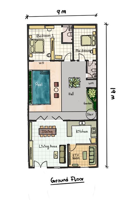 Relxing house with 2 bedroom and enjoyable courtyard pool inside. House With Inside Courtyard, Inside Courtyard Ideas, Tiny House Courtyard, Small House With Courtyard In The Middle, Duplex With Courtyard, Courtyard Pool House Plans, Tiny House With Courtyard, Small House With Pool Floor Plans, Small House With Courtyard