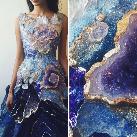 Introducing the Geode Glimmer Dress: a stunning blend of nature and fashion. Inspired by the mesmerizing beauty of geodes, this dress features a sparkling gemstone bodice and a flowing skirt with delicate, crystal-like accents. Perfect for any occasion, it captures elegance and natural mystique in every detail. Conceptual AI Art Follow @ecosapiens for more! Crystal Drop Dress, Gem Dress Jewels, Space Textiles, Dress With Gemstones, Crystal Outfit, Gemstone Dress, Story Clothes, Alevel Art, A Level Textiles