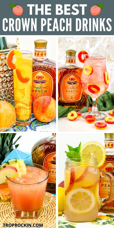 Peach Crown Royal Driks Peach Crown Royal Cocktail Recipes, Crown Royal Peach Tea, Mixed Drinks With Crown Peach, Crown Royal Punch Drink Recipes, Crown Peach Mixed Drinks, Drinks Made With Peach Crown Royal, Peach Drink Recipes Alcoholic, Princess Peach Drink, What To Mix With Peach Crown Royal