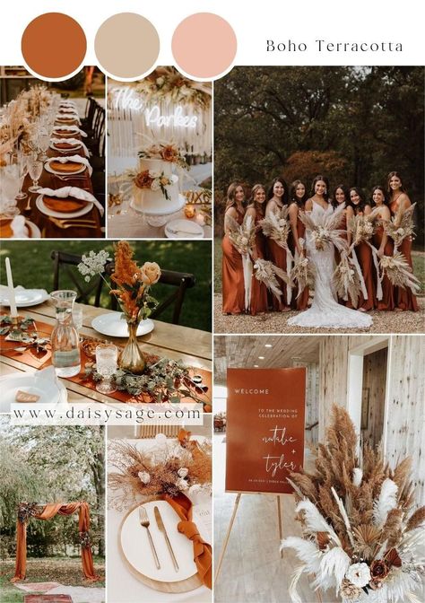 Boho Terracotta Wedding Color Scheme Autumn Wedding Theme Color Schemes, Sage Green And Terracotta Wedding, Terracotta Wedding Color, Terracotta Aesthetic, Wedding Color Theme Ideas, Boho Terracotta Wedding, Fall Wedding Planning, Terra Cotta Wedding, Boho Wedding Colors