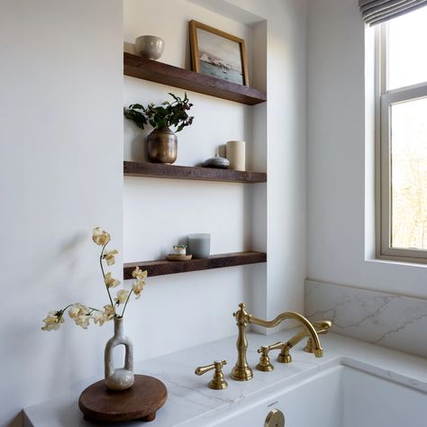 Bear Fence Open Shelves Bathroom, Niche Shelves, Primary Bathrooms, Marble Tub, Walnut Shelves, Primary Suite, Boutique Interior Design, Shelving Ideas, Transitional Bathroom